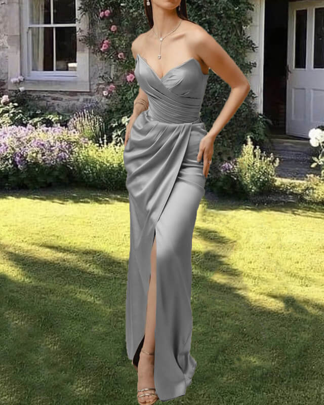 Silver Satin Sleeveless Split Evening Dress