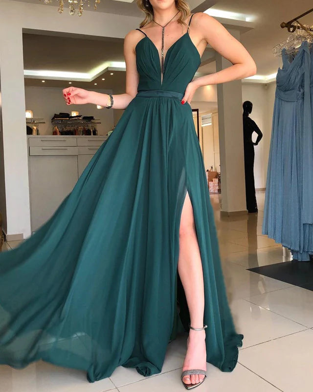 Neck Open Back Chiffon Split Evening Dresses