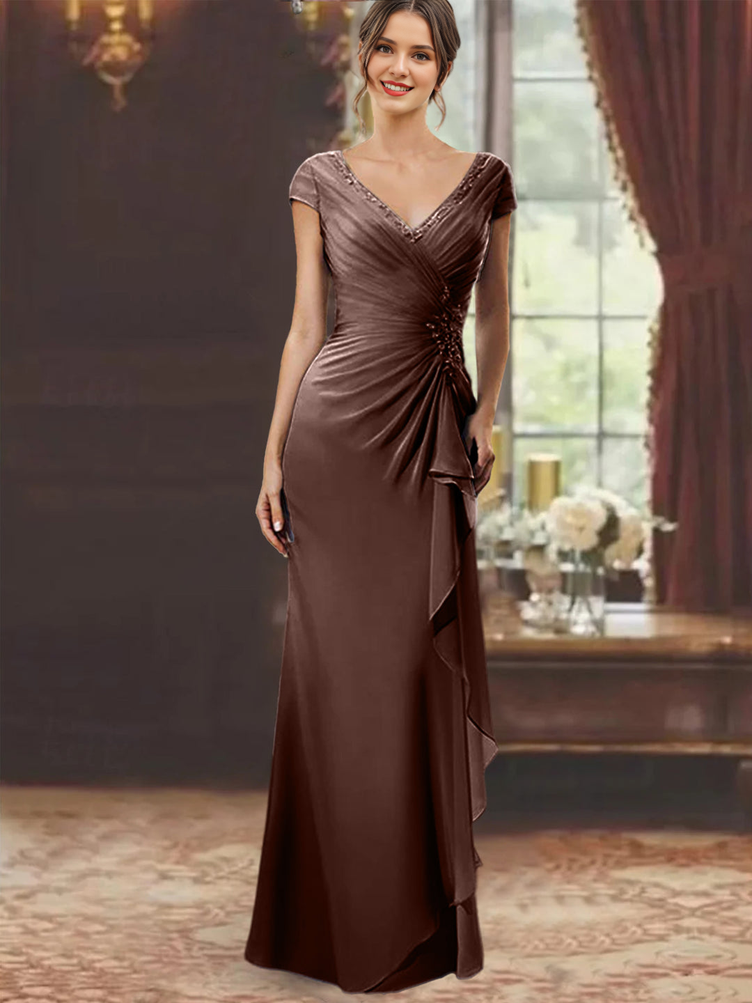 Sheath/Column V-Neck Floor-Length Mother Of The Bride Dresses With Short Sleeves