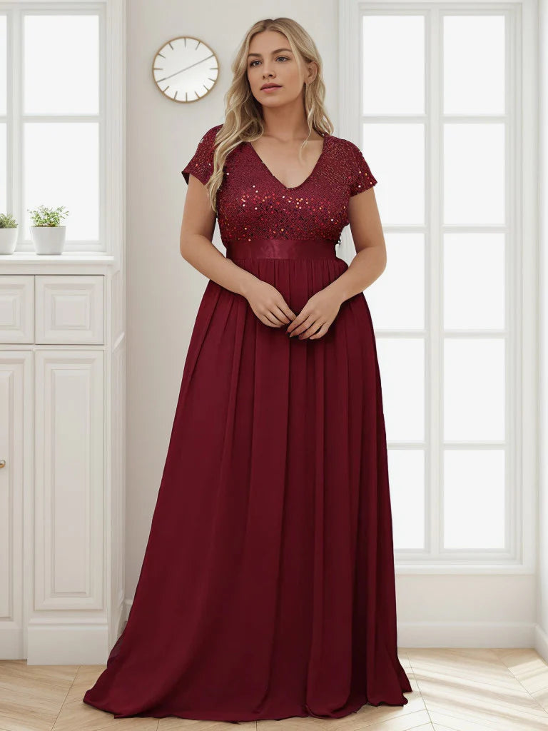 Plus Size Empire Waist V-Neck Cap Sleeve Chiffon Formal Evening Dress