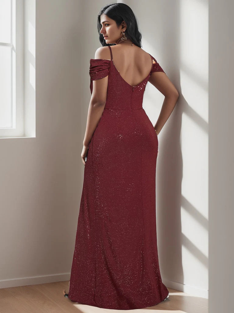 Plus Size V-Neck Cold Shoulder Floor-Length Evening Dress