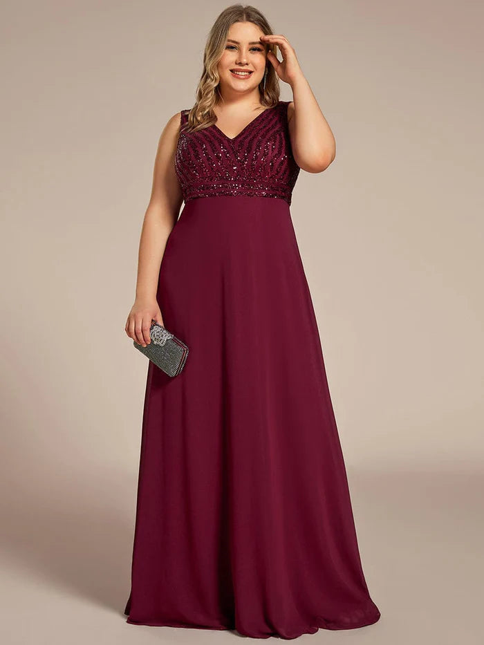 Plus Size Sequin Sleeveless Double V-Neck Formal Evening Dress
