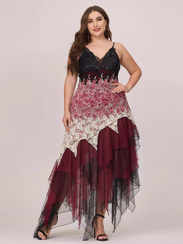 Women's V Neck Multi Color Asymmetrical Hems Prom Dress