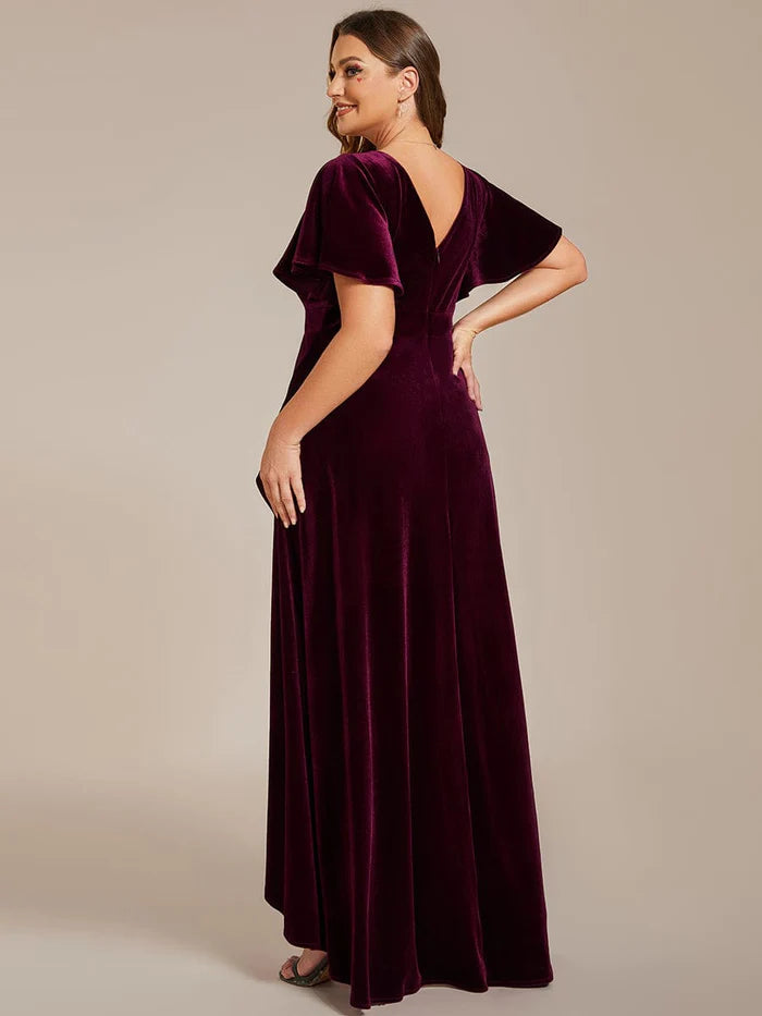 Double V-Neck Short Sleeves Stretchy Velvet Evening Dress with Lotus Leaf Hem