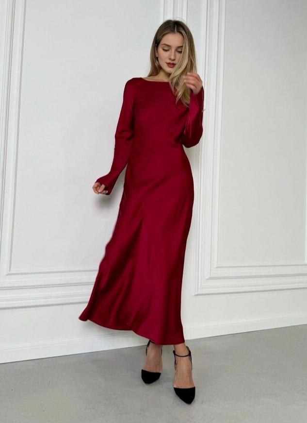 Elegant Long Sleeve Burgundy Dress Women's Maxi Dress Prom Gown Formal Dress