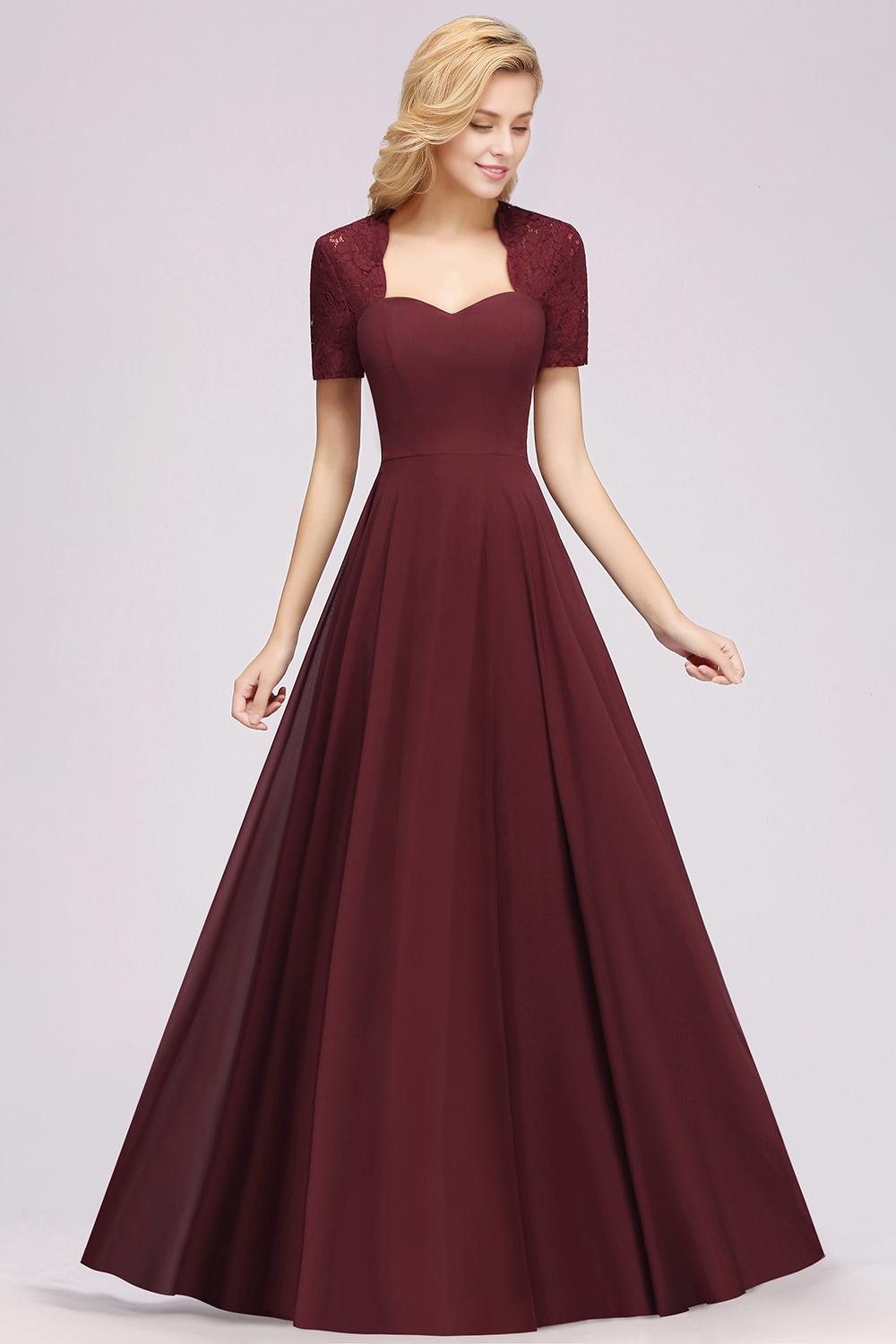 Long A-Line Sweetheart Lace Chiffon Bridesmaid Dresses with Cap Sleeves