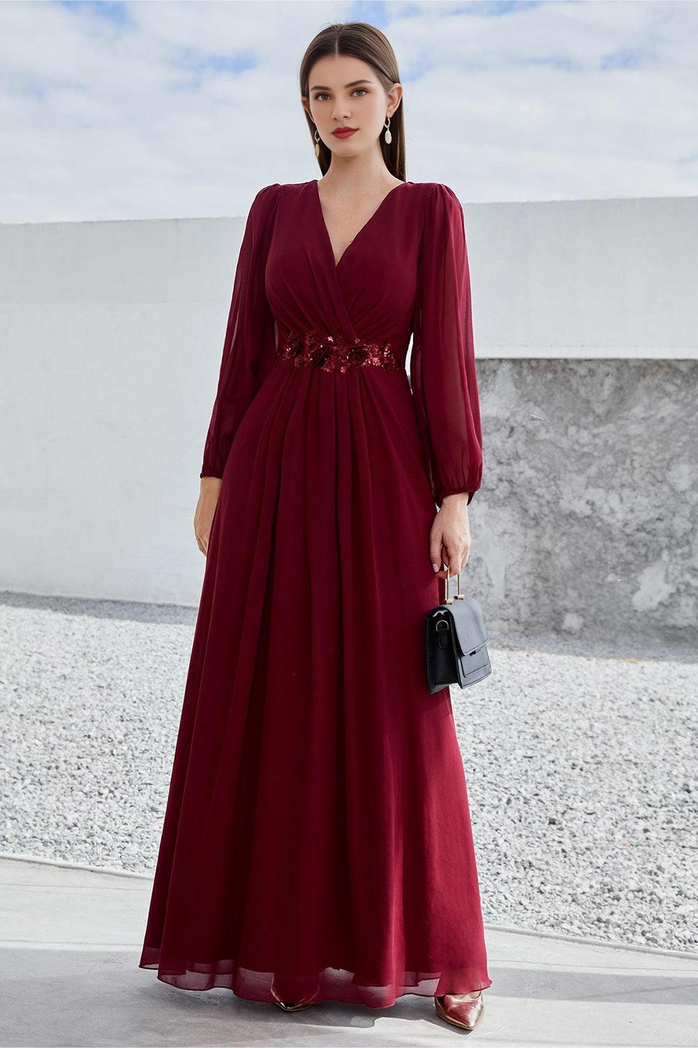 Burgundy A Line Long Sleeves Floor Length Mother of the Bride Dress