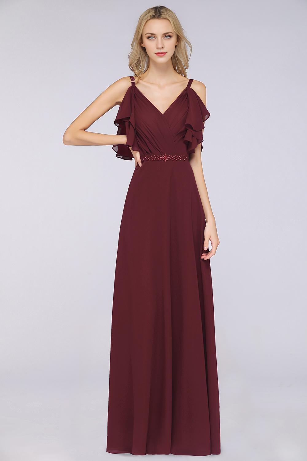 A-Line V-Neck Straps Sleeveless Ruffles Floor-Length Bridesmaid Dress with