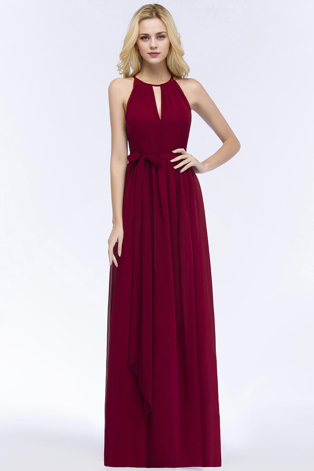A-Line Halter Sleeveless Ruffles Floor-Length Bridesmaid Dresses with Bow Sash