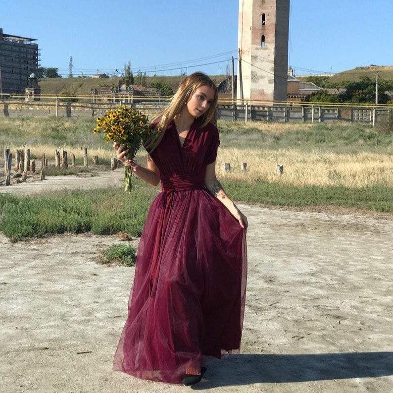 Prom dress long burgundy Tulle wedding dress Formal evening dress