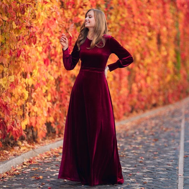 Plum Burgundy Velvet Maxi Dress Evening and New Year’s Wedding Gown