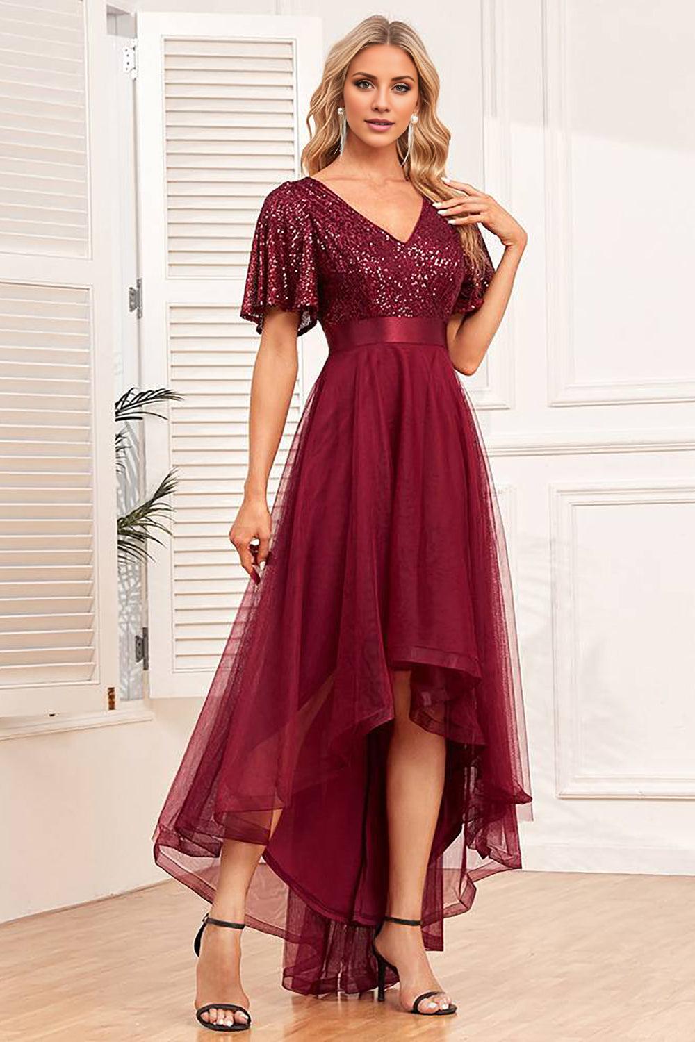 Burgundy A-Line V-Neck Sequins Long Mother of the Bride Dress
