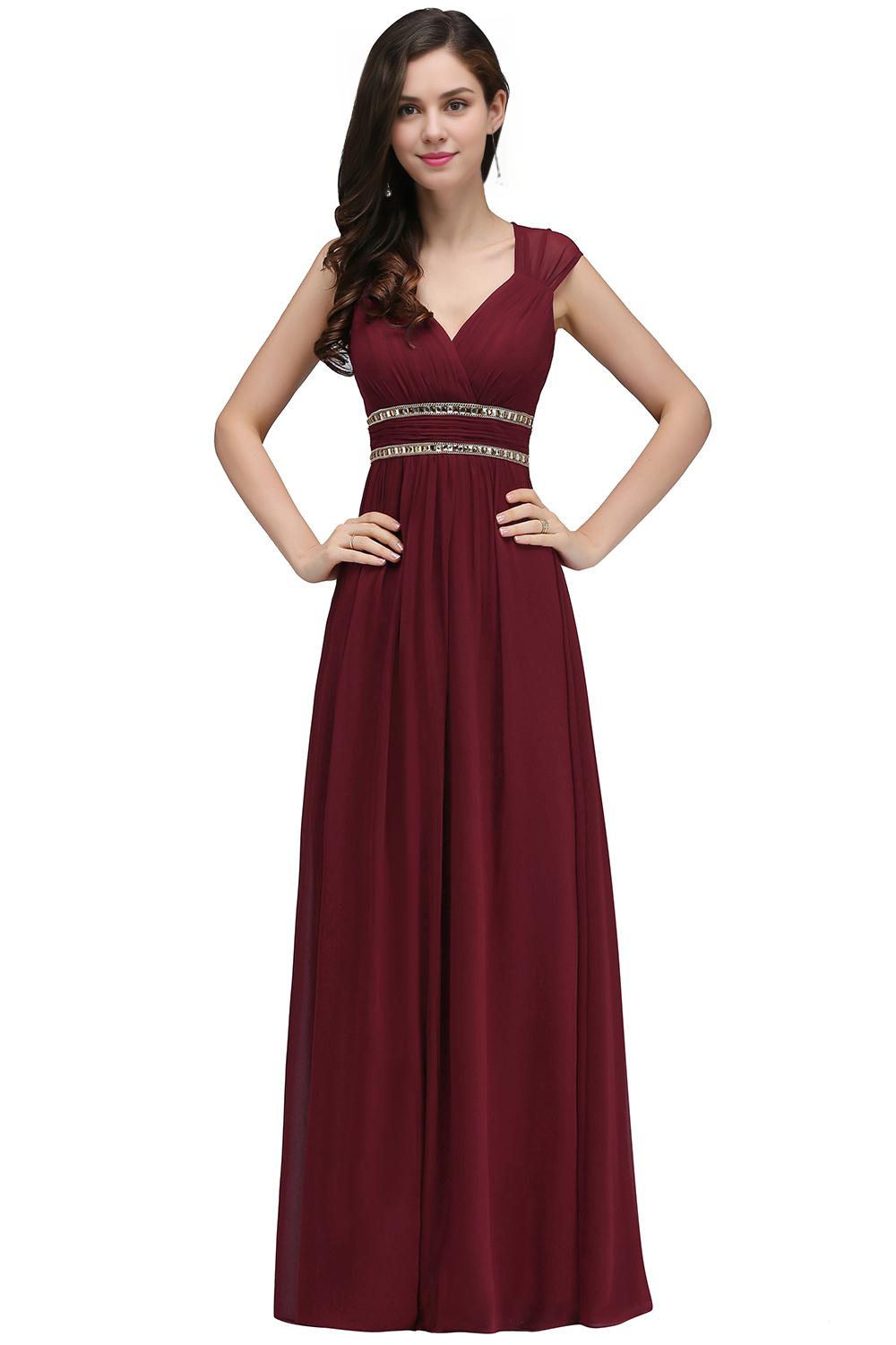 A-Line V-Neck Cap Sleeve Ruffles Floor-Length Bridesmaid Dresses with Beadings