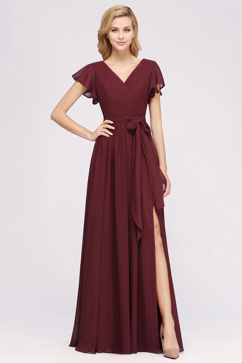 A-line V-Neck Short Sleeves Floor-Length Bridesmaid Dresses with Bow Sash