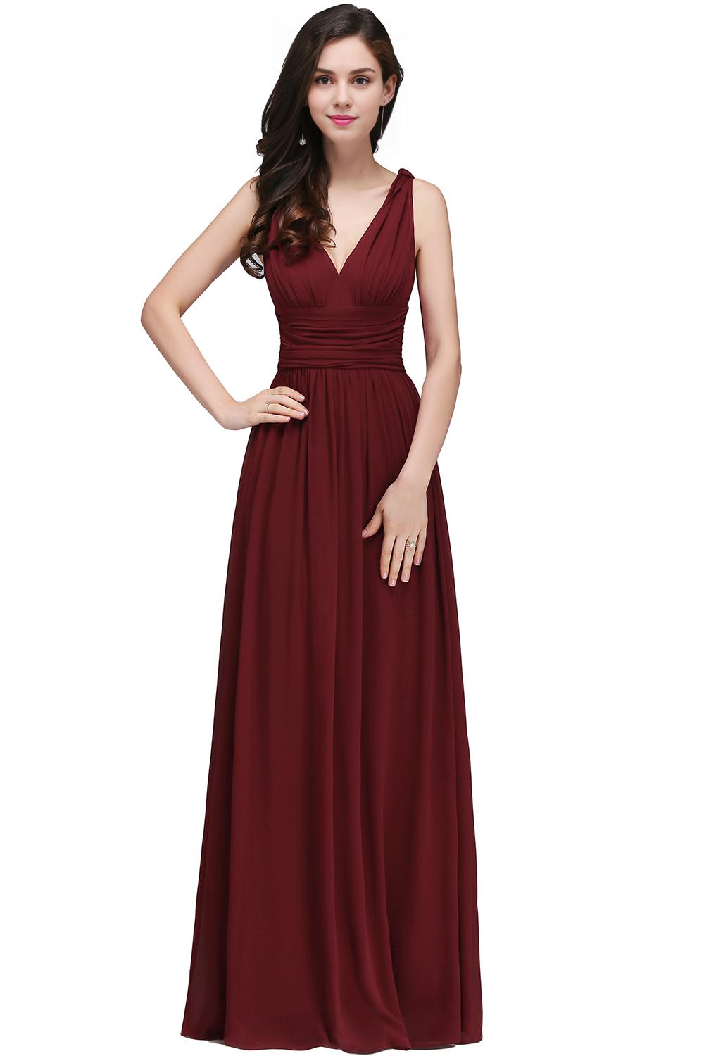 A-Line V-Neck Sleeveless Ruffles Floor-Length Bridesmaid Dresses