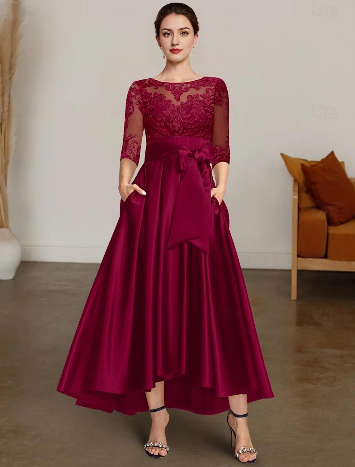 A-Line Chrismas Dress Mother of the Bride Dress Formal Wedding Guest Elegant High Low Bateau Neck Asymmetrical Satin Lace 3/4 Length Sleeve with