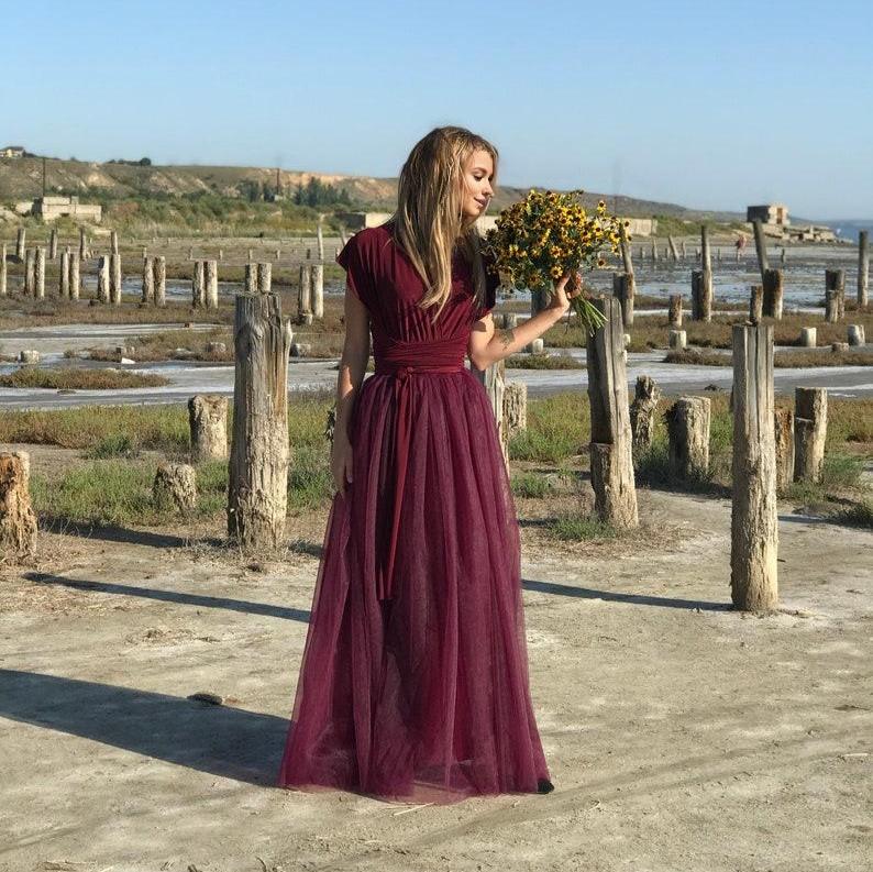 Prom dress long burgundy Tulle wedding dress Formal evening dress