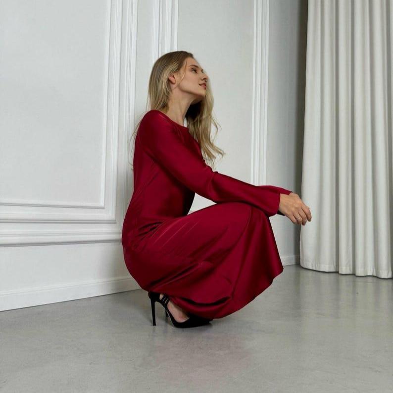 Elegant Long Sleeve Burgundy Dress Women's Maxi Dress Prom Gown Formal Dress