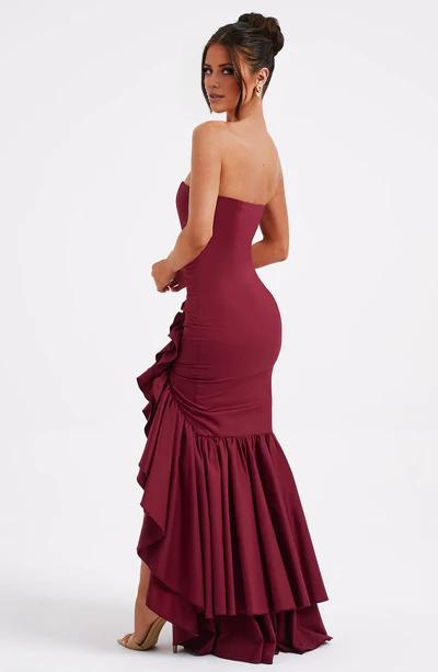 Sexy Burgundy A-line Off The Shoulder Formal Ball Gown With Ruffled Front Slit