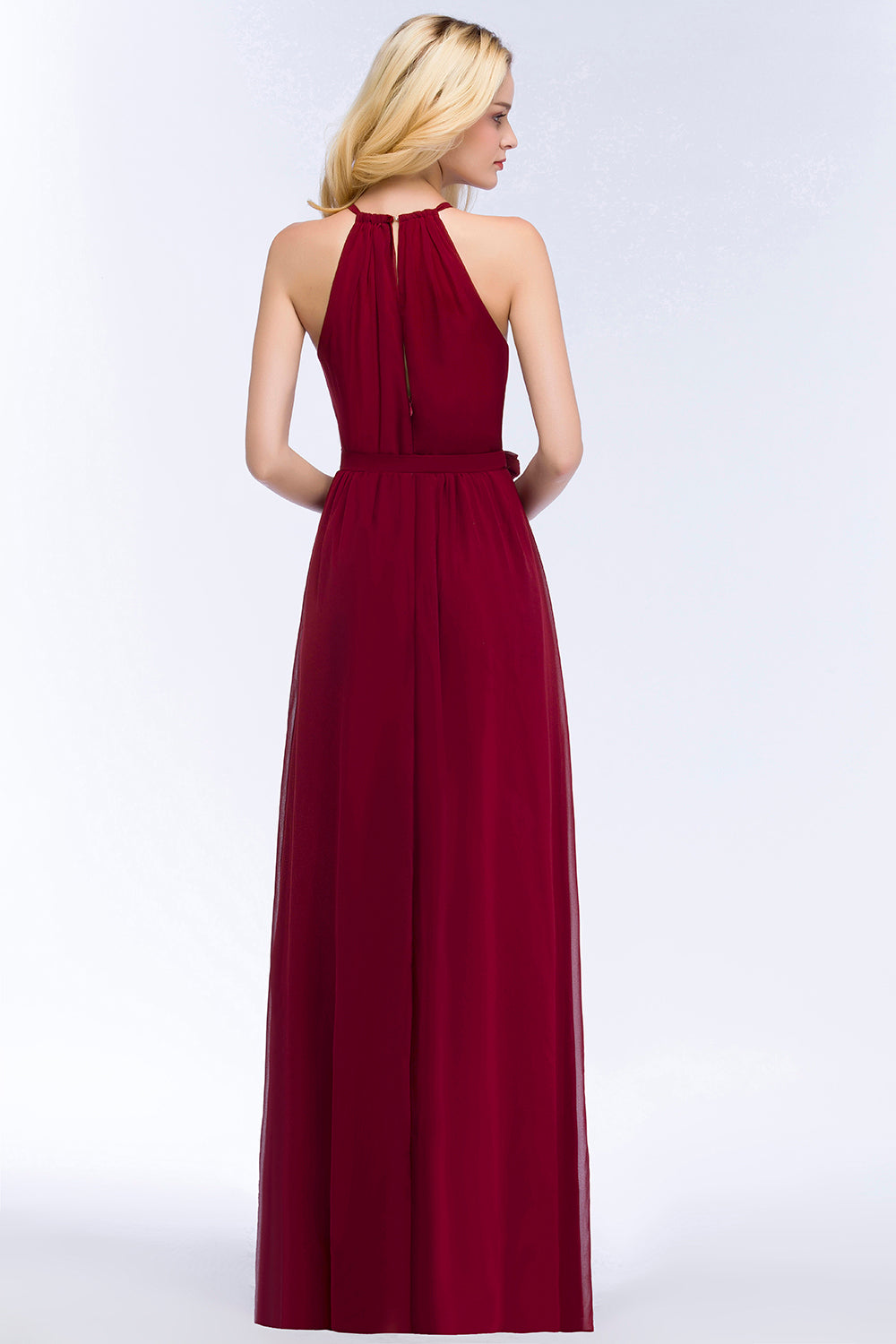 A-Line Halter Sleeveless Ruffles Floor-Length Bridesmaid Dresses with Bow Sash