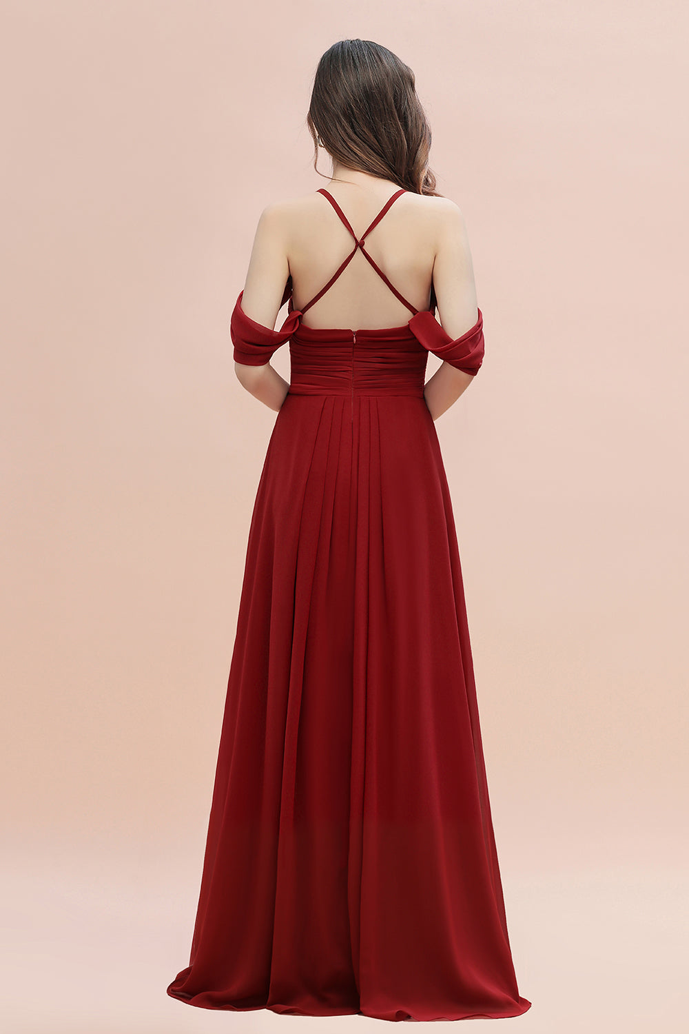 Dark Red Spaghetti Strap Sweetheart A-Line Off the Shoulder Bridesmaid Gown with Ruffles