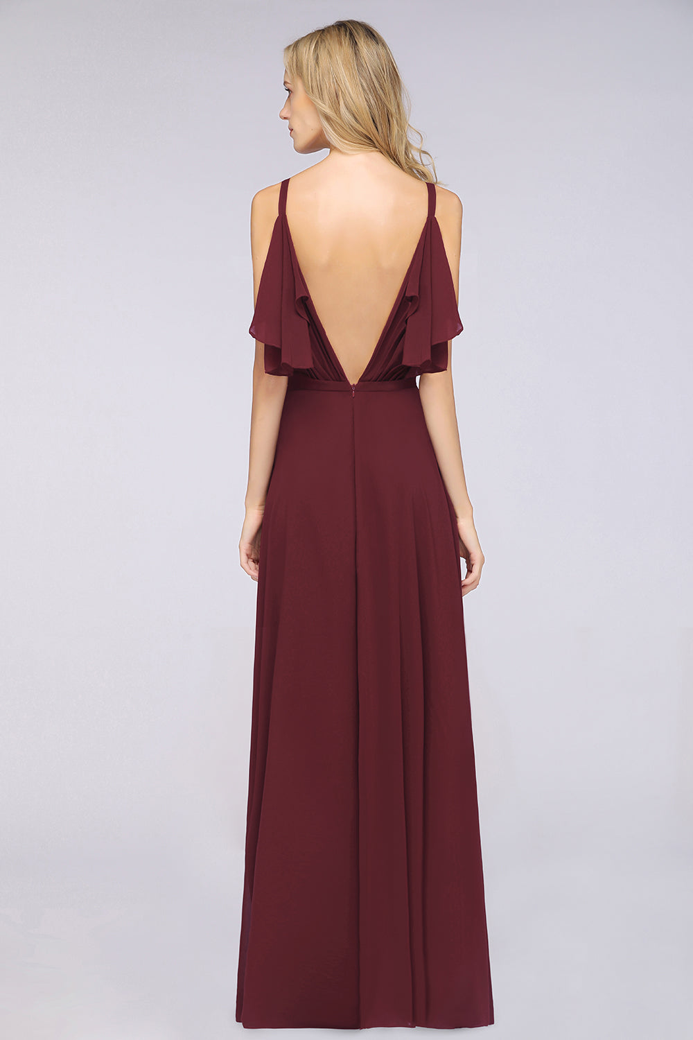 A-Line V-Neck Straps Sleeveless Ruffles Floor-Length Bridesmaid Dress with