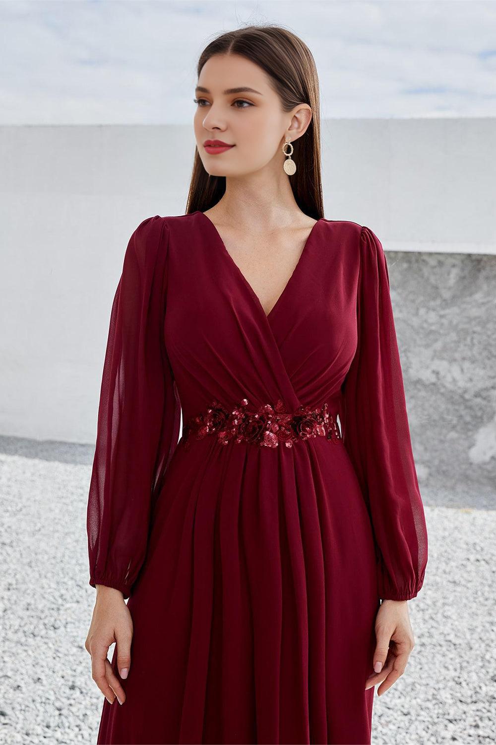 Burgundy A Line Long Sleeves Floor Length Mother of the Bride Dress