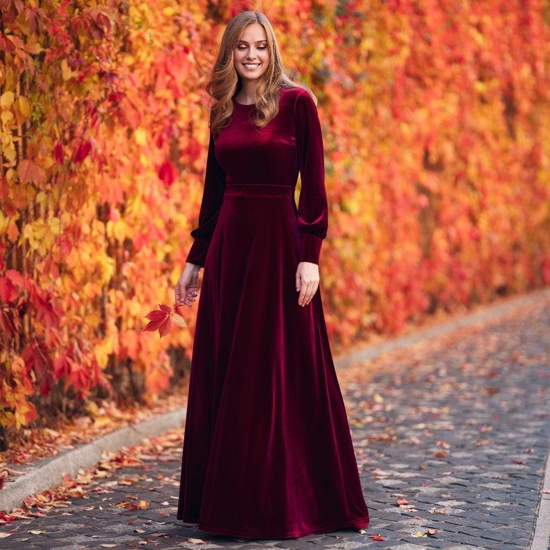 Plum Burgundy Velvet Maxi Dress Evening and New Year’s Wedding Gown