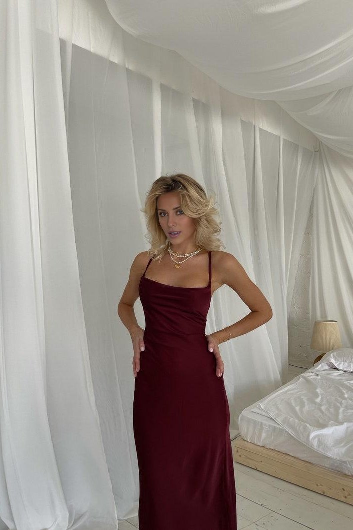 Burgundy Midi Silk Slip Dress Open Back Midi Silk Slip Cowl Neck Silk Slip Dress for Prom