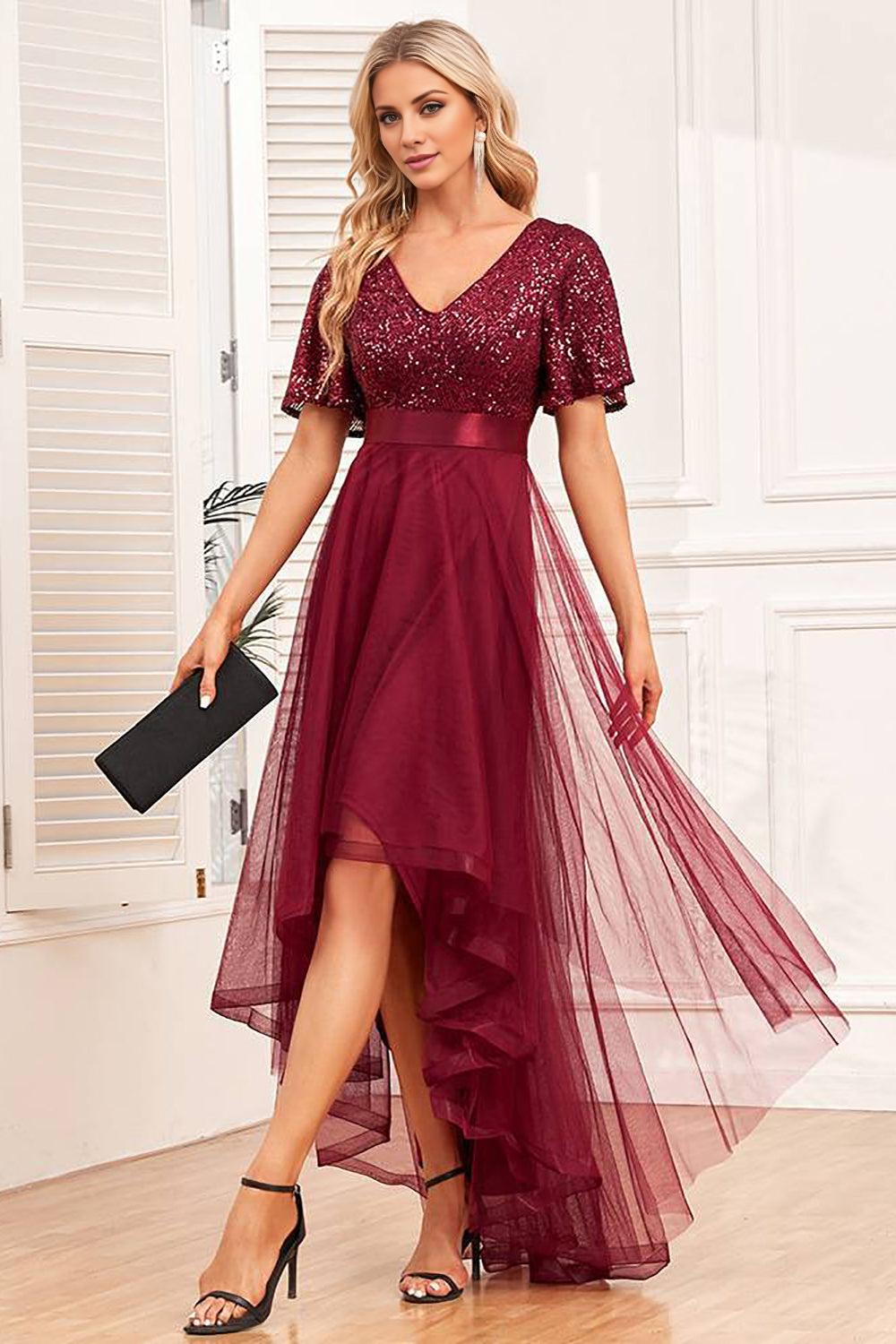 Burgundy A-Line V-Neck Sequins Long Mother of the Bride Dress