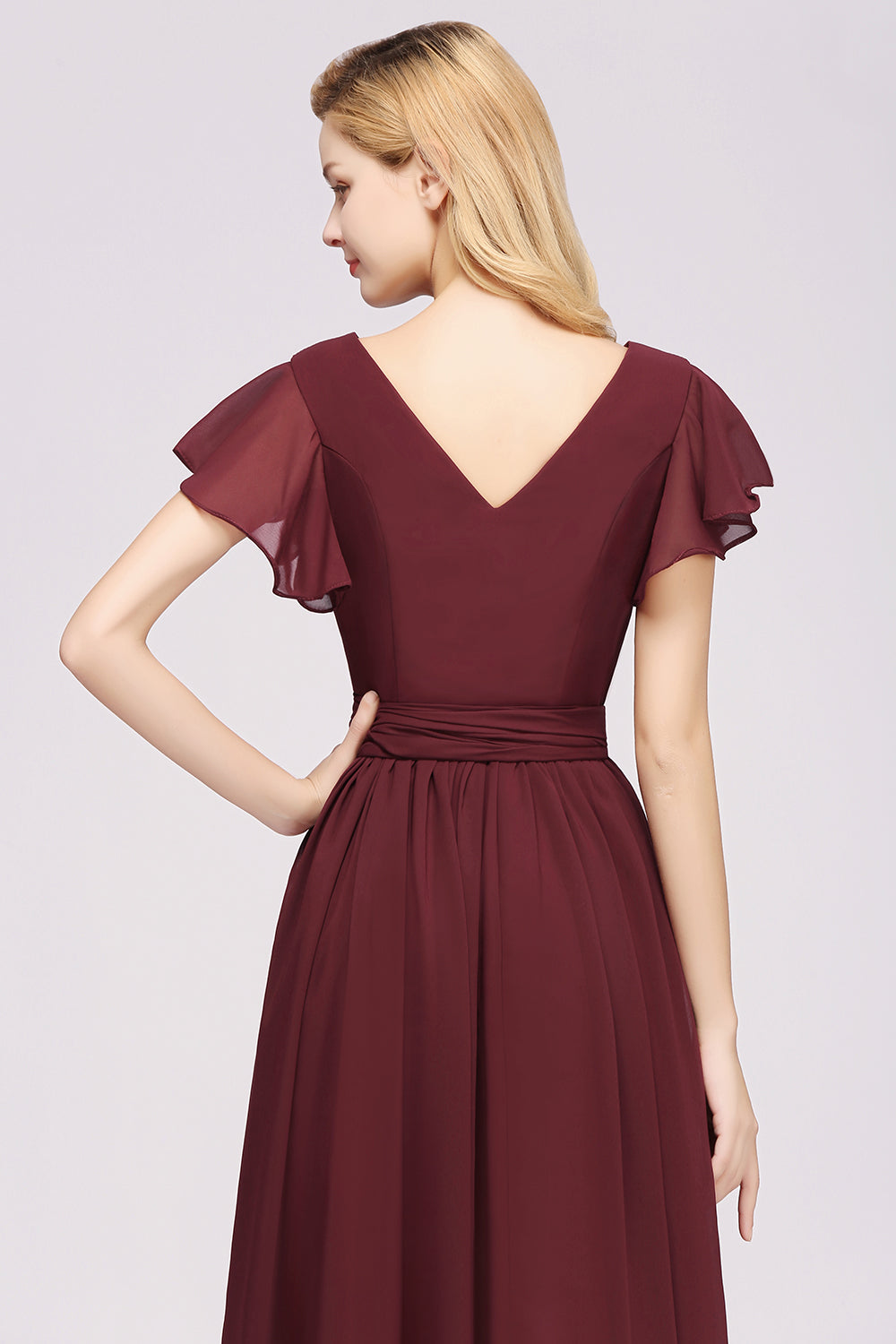 A-line V-Neck Short Sleeves Floor-Length Bridesmaid Dresses with Bow Sash