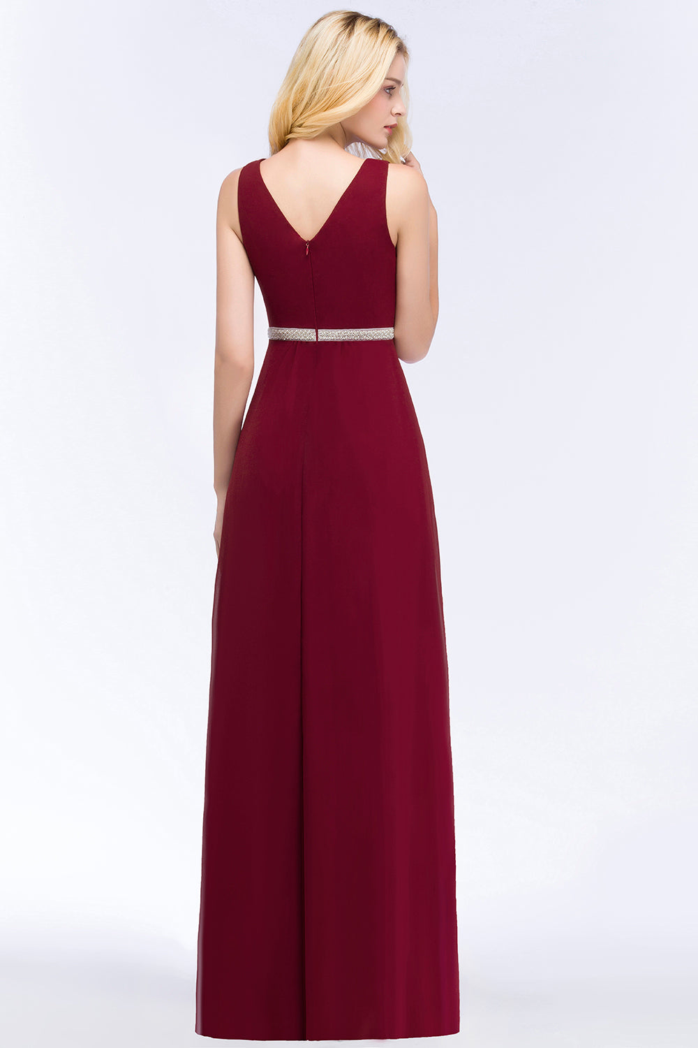 A-line V-neck Long-Sleeveless Ruffled Floor-Length Bridesmaid Dresses with