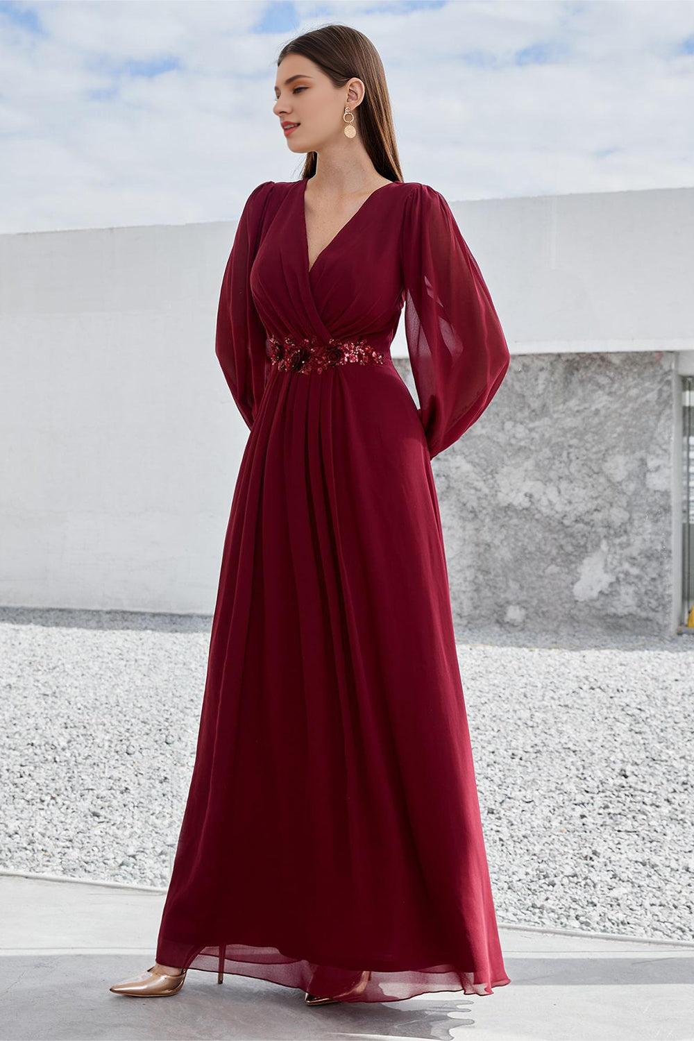 Burgundy A Line Long Sleeves Floor Length Mother of the Bride Dress