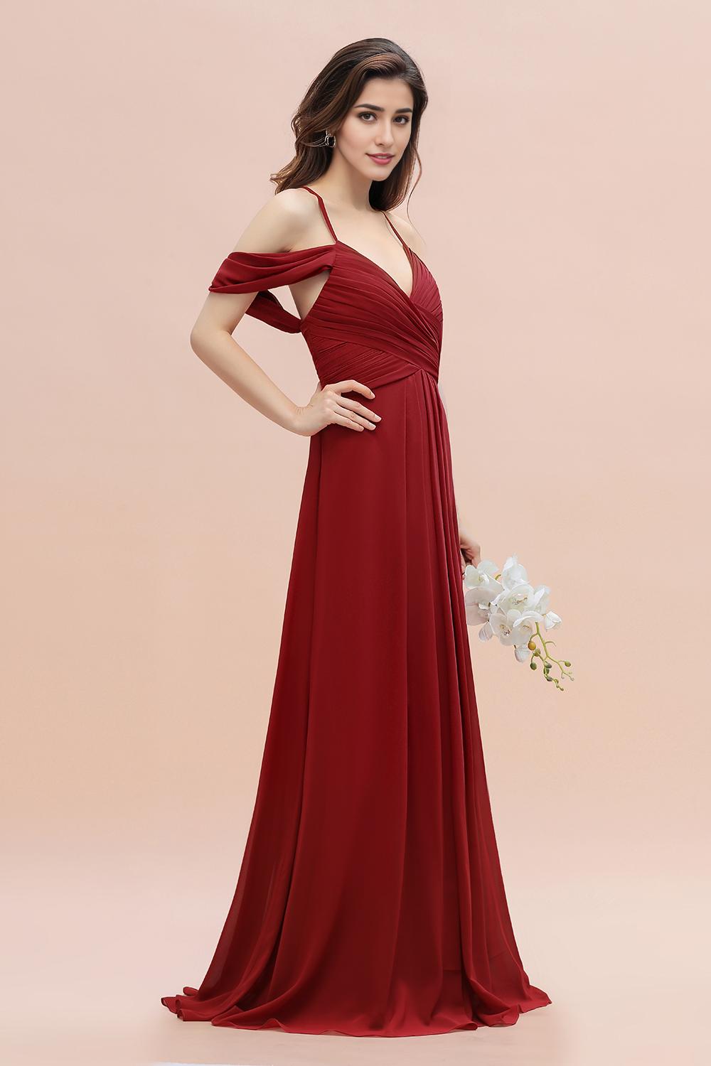 Dark Red Spaghetti Strap Sweetheart A-Line Off the Shoulder Bridesmaid Gown with Ruffles