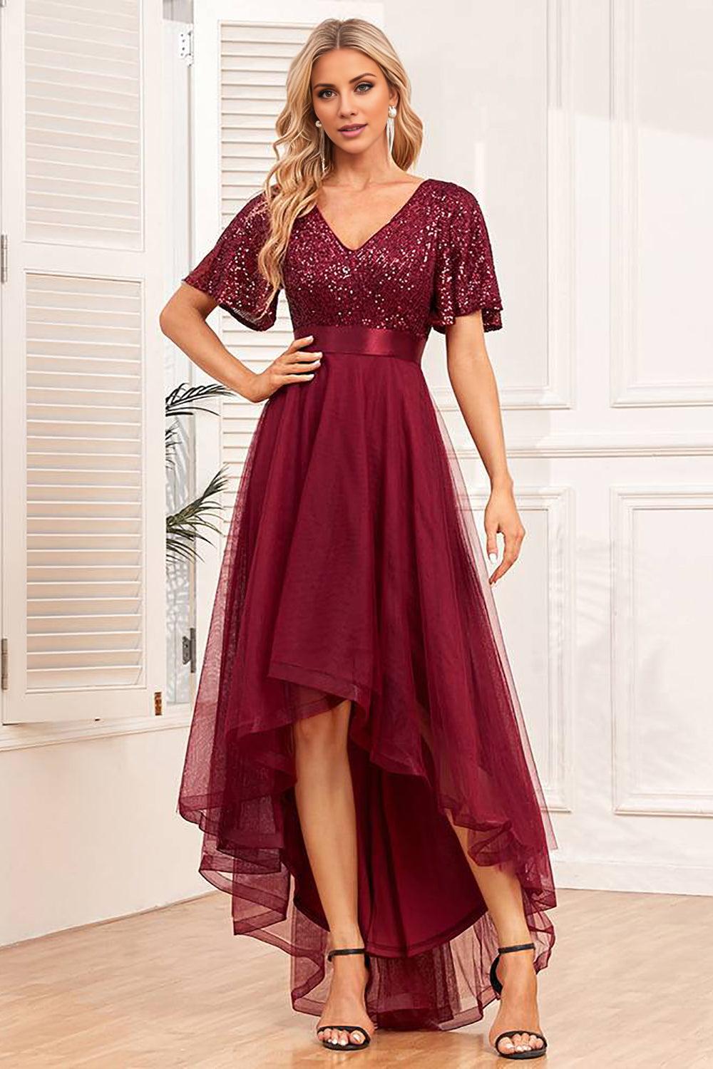 Burgundy A-Line V-Neck Sequins Long Mother of the Bride Dress