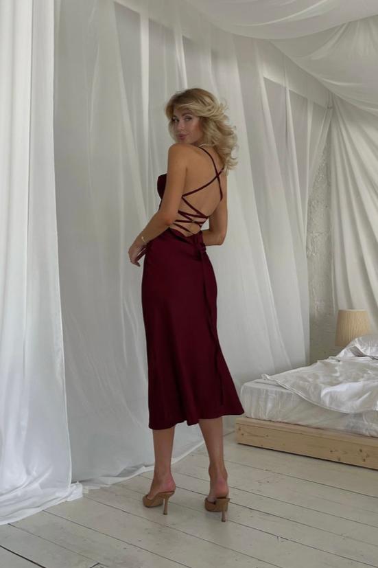 Burgundy Midi Silk Slip Dress Open Back Midi Silk Slip Cowl Neck Silk Slip Dress for Prom