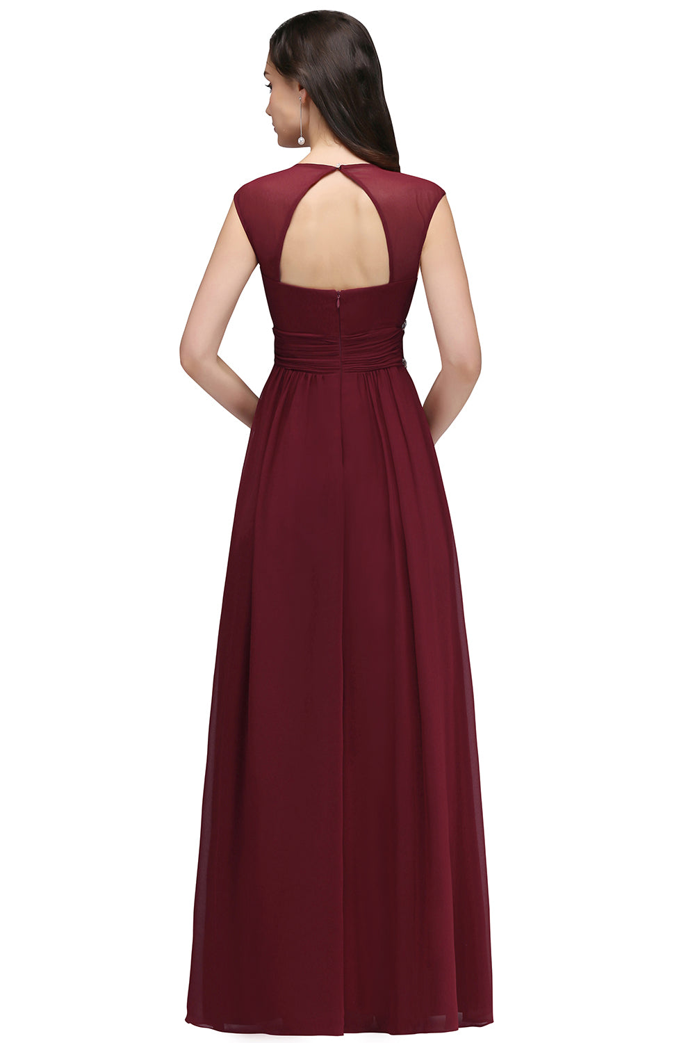 A-Line V-Neck Cap Sleeve Ruffles Floor-Length Bridesmaid Dresses with Beadings