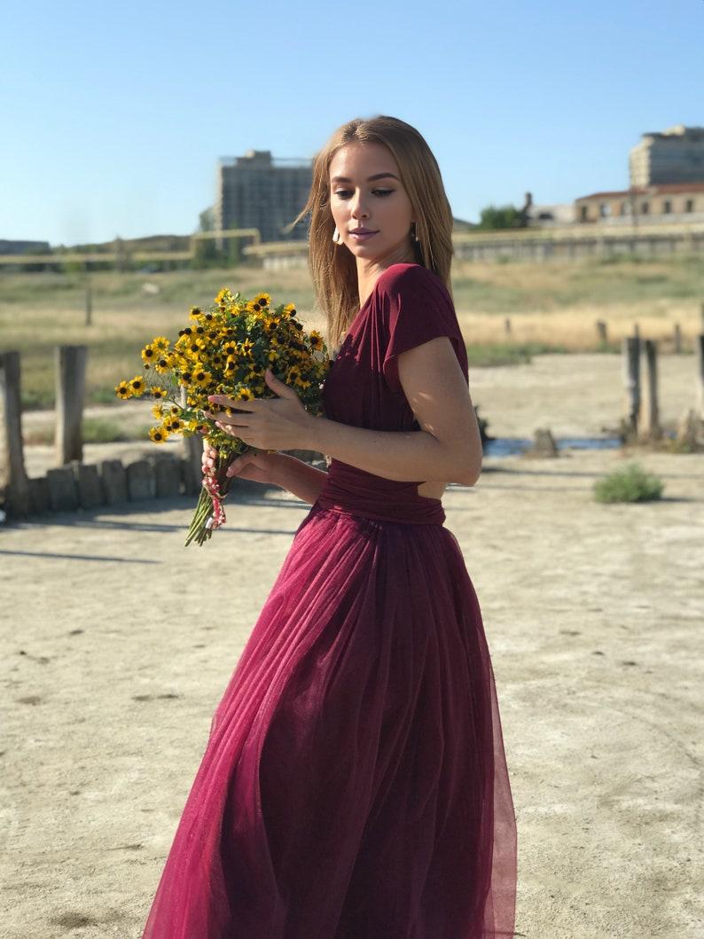 Prom dress long burgundy Tulle wedding dress Formal evening dress