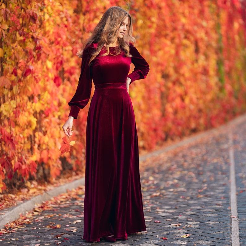 Plum Burgundy Velvet Maxi Dress Evening and New Year’s Wedding Gown