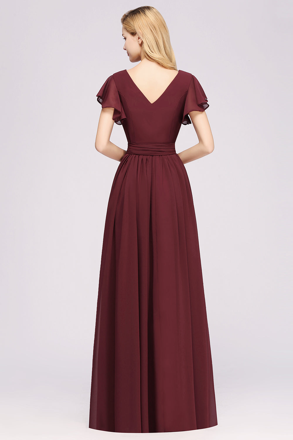 A-line V-Neck Short Sleeves Floor-Length Bridesmaid Dresses with Bow Sash