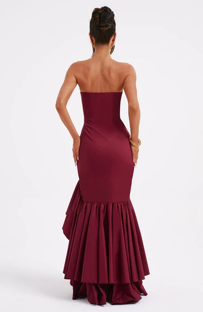 Sexy Burgundy A-line Off The Shoulder Formal Ball Gown With Ruffled Front Slit