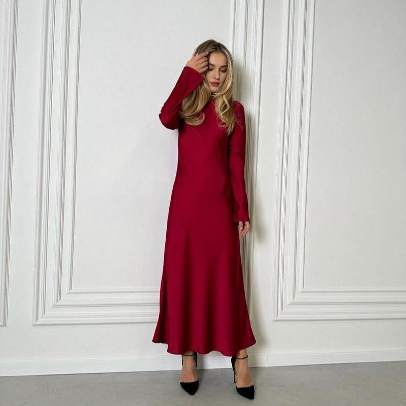 Elegant Long Sleeve Burgundy Dress Women's Maxi Dress Prom Gown Formal Dress