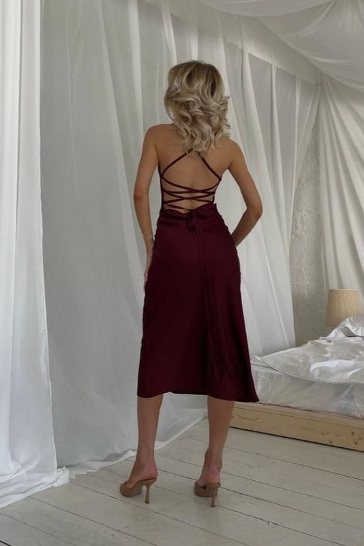 Burgundy Midi Silk Slip Dress Open Back Midi Silk Slip Cowl Neck Silk Slip Dress for Prom