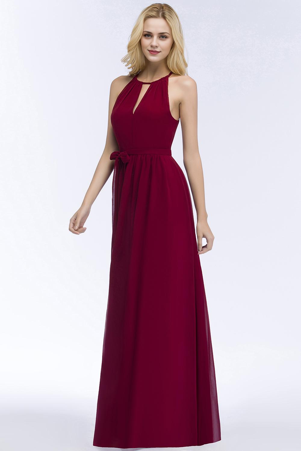 A-Line Halter Sleeveless Ruffles Floor-Length Bridesmaid Dresses with Bow Sash