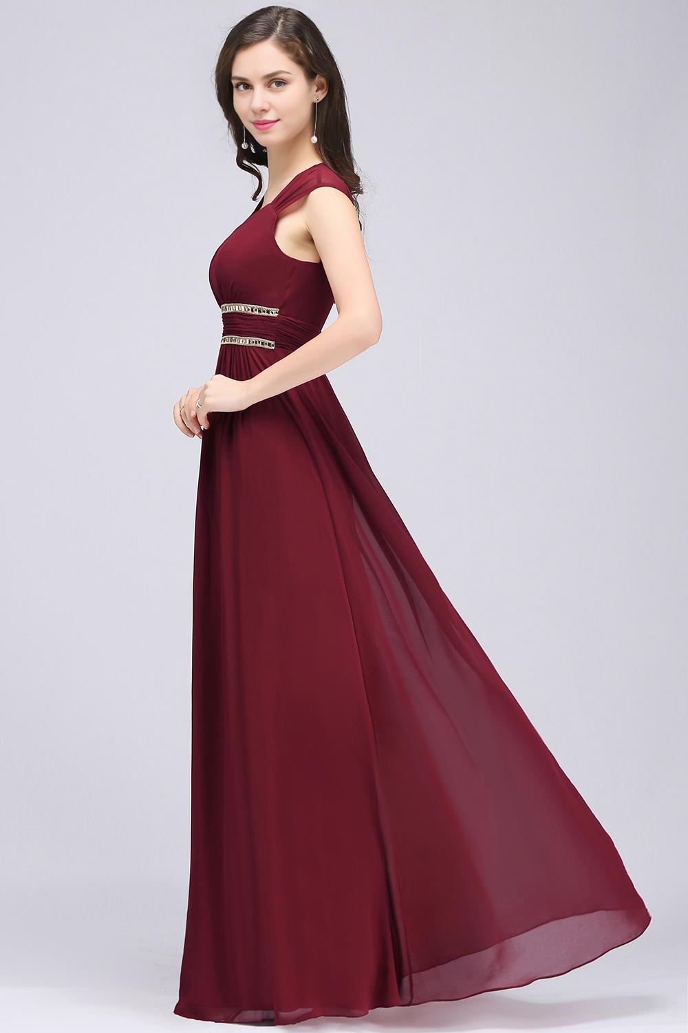 A-Line V-Neck Cap Sleeve Ruffles Floor-Length Bridesmaid Dresses with Beadings