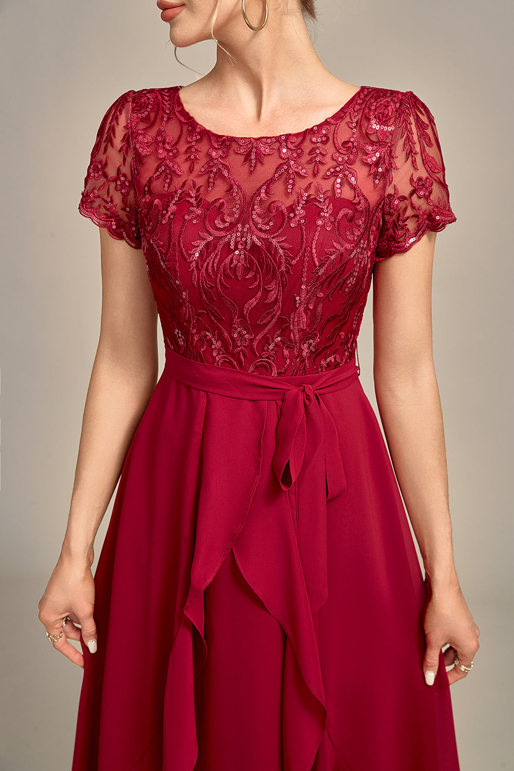 Burgundy Asymmetrical Sequin Mother of Bride Dress with Appliques