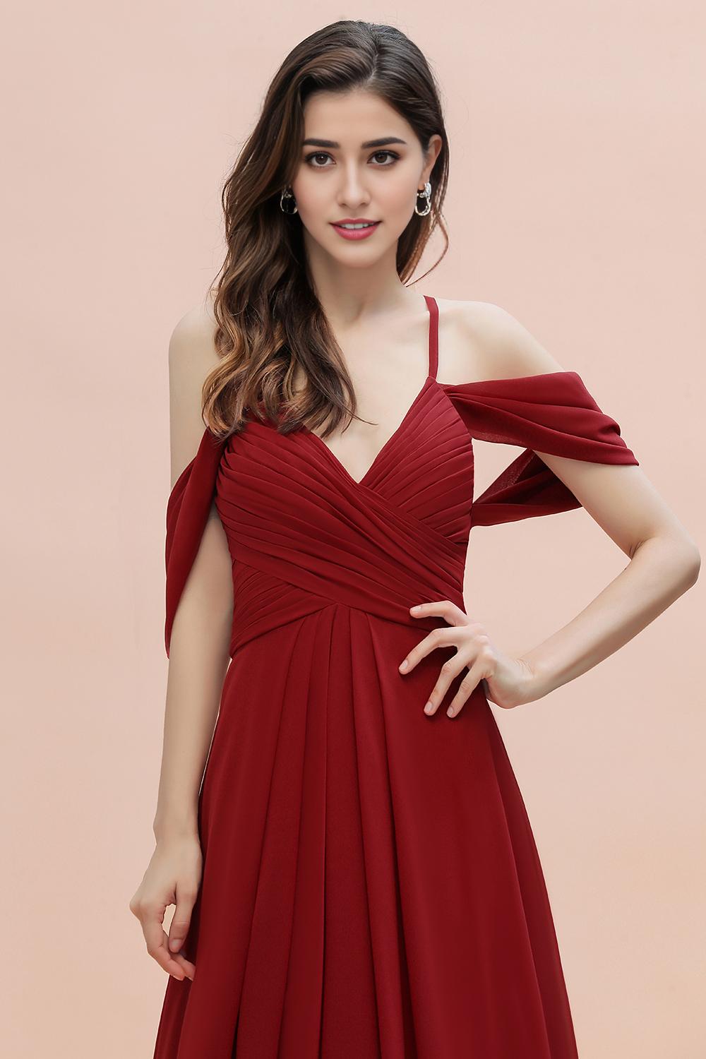 Dark Red Spaghetti Strap Sweetheart A-Line Off the Shoulder Bridesmaid Gown with Ruffles