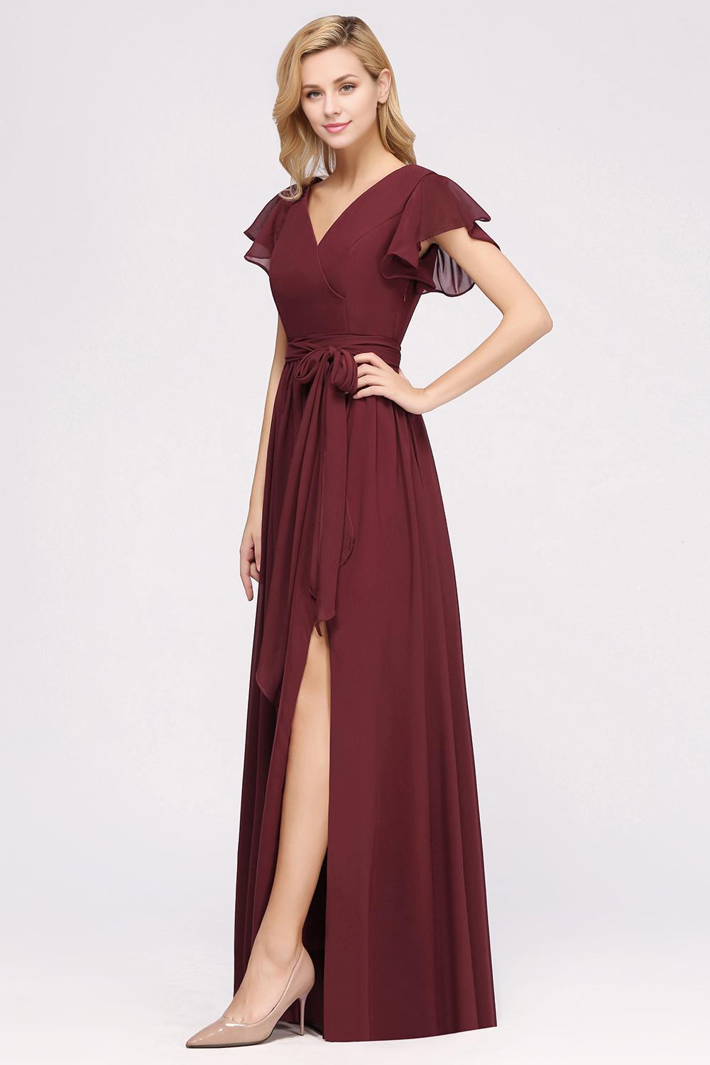 A-line V-Neck Short Sleeves Floor-Length Bridesmaid Dresses with Bow Sash