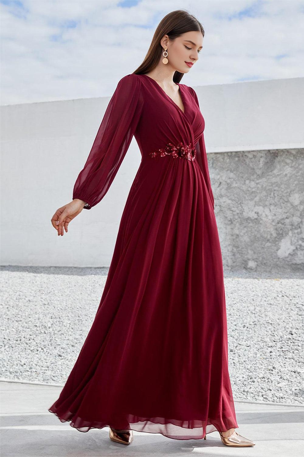 Burgundy A Line Long Sleeves Floor Length Mother of the Bride Dress