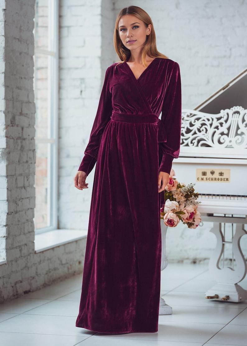 Plum burgundy velvet long wrap dress prom velvet dress velvet bridesmaid dress maxi dress evening dress